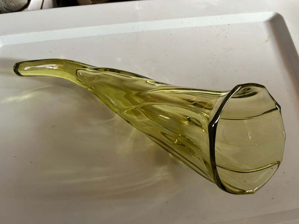 Vintage Duncan & Miller Swirl Green Chartreuse Glass Cornucopia 13"
